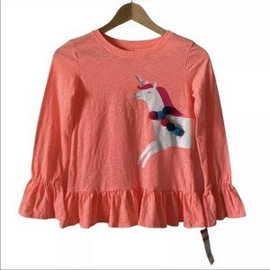 CAT & JACK Sz M 7/8 Orange Unicorn Peplum Long Sleeve Blouse Pompom